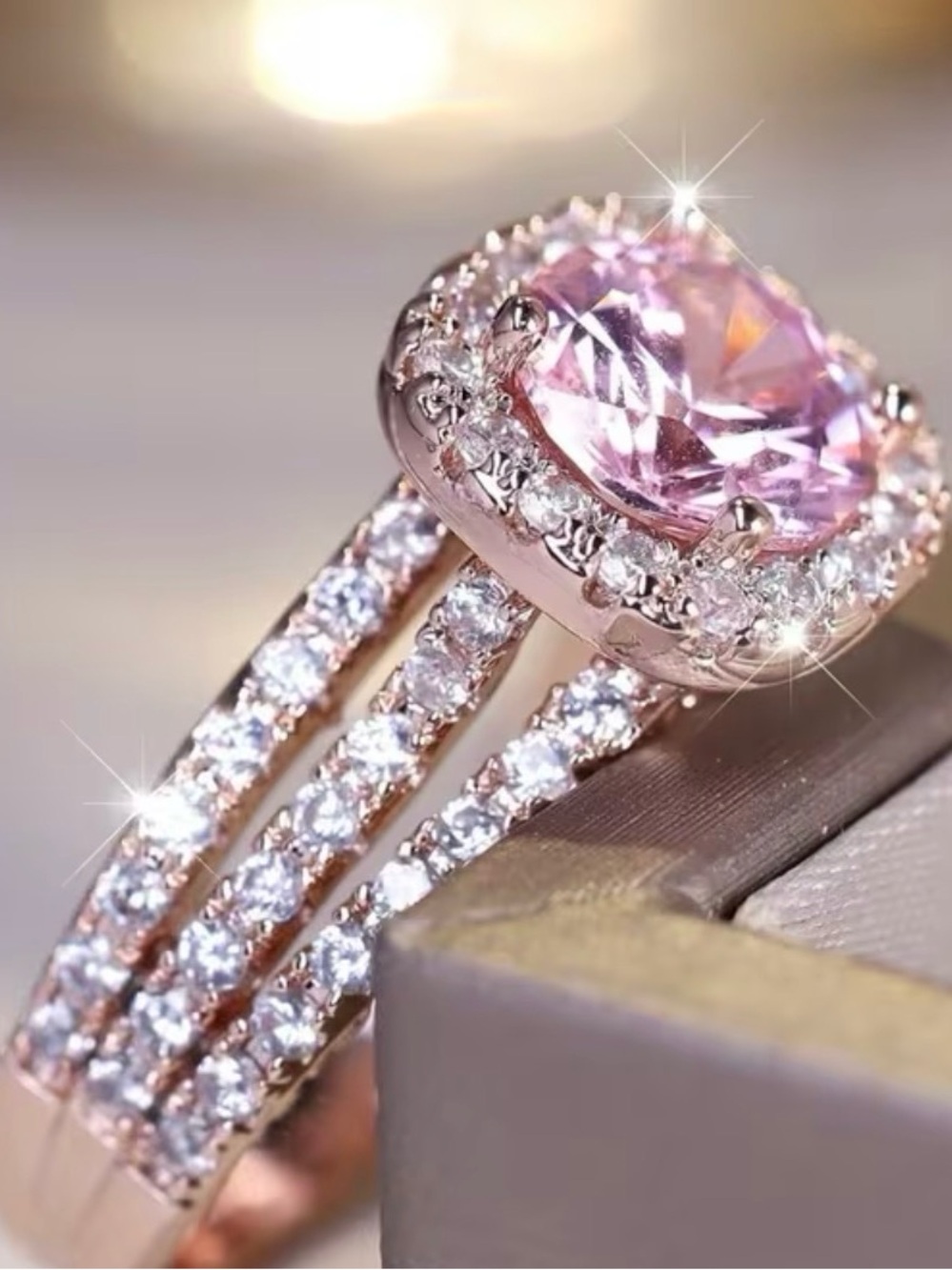 Rose Gold Pink Cubic Zirconia Halo Statement Ring - Women Jewelry